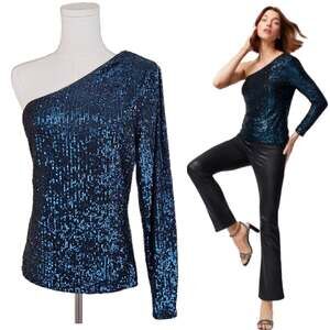 White House Black Market Blue Sequin One-Shoulder Top Large Party Glam Night Out